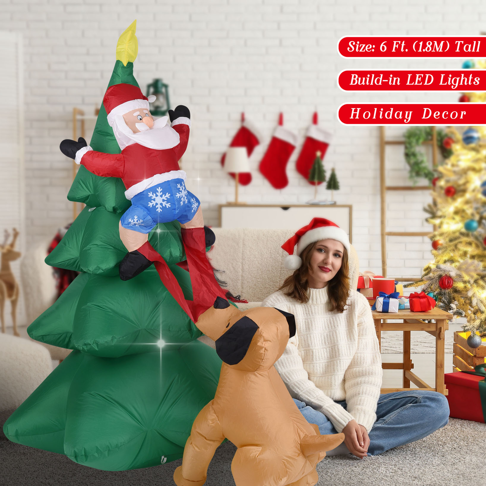 Anjing Tiup Natal dengan Santa - Home Decor Lighting Tree ulasan dan harga