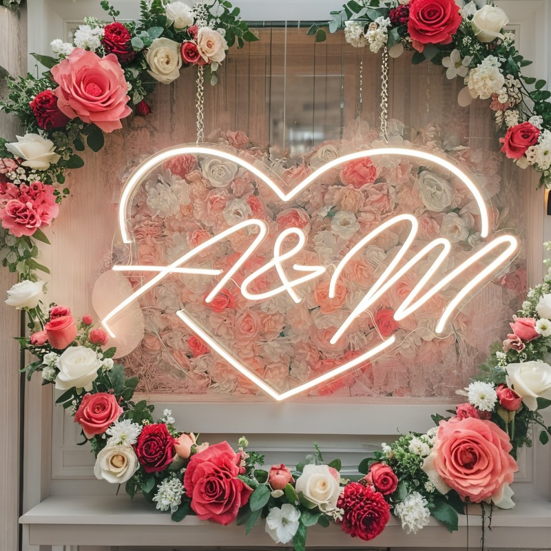 Tanda Neon LED Hati Inisial Ku - Lighting Decoration For Wedding ulasan dan harga